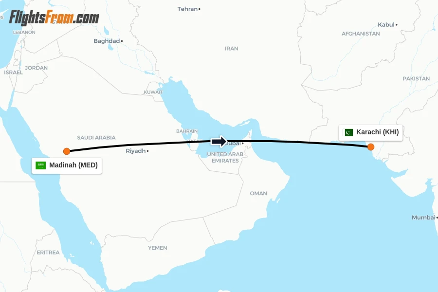 Flights from Madinah to Karachi route map