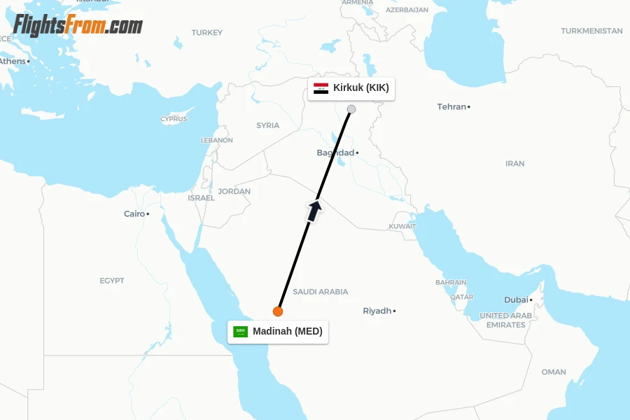 Flights from Madinah to Kirkuk route map