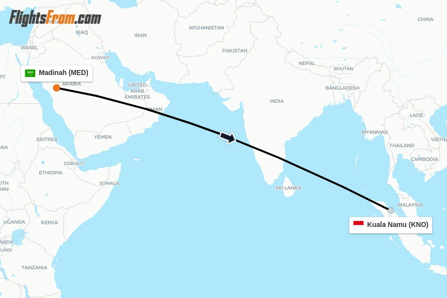 Flights from Madinah to Kuala Namu route map