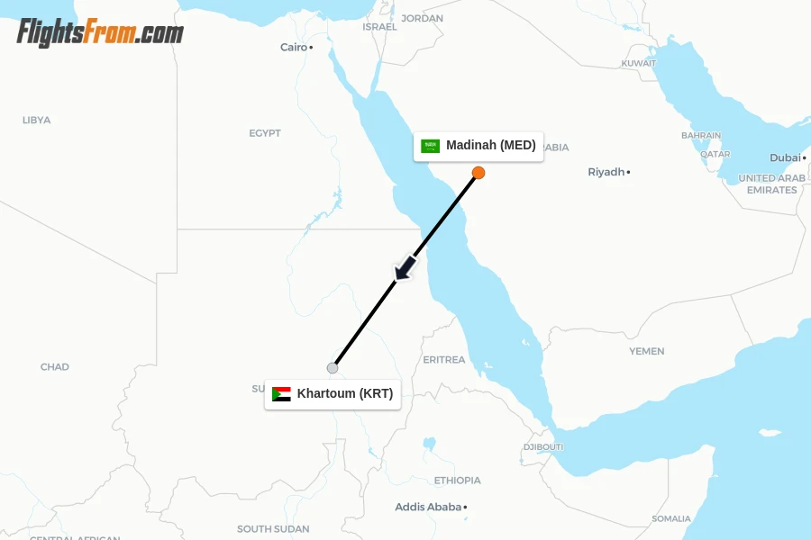 Flights from Madinah to Khartoum route map