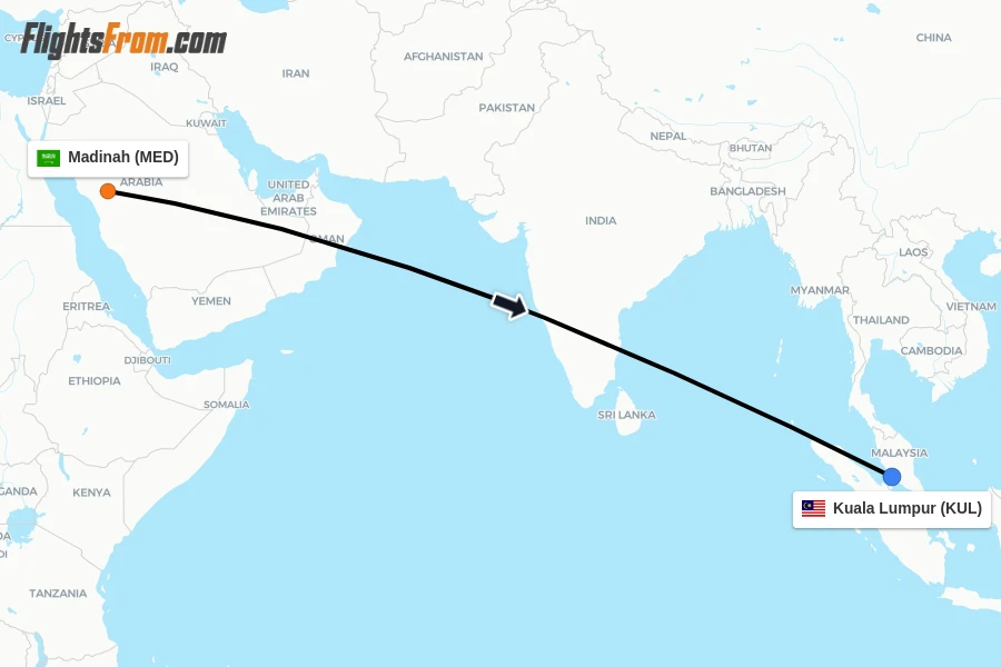 Flights from Madinah to Kuala Lumpur route map