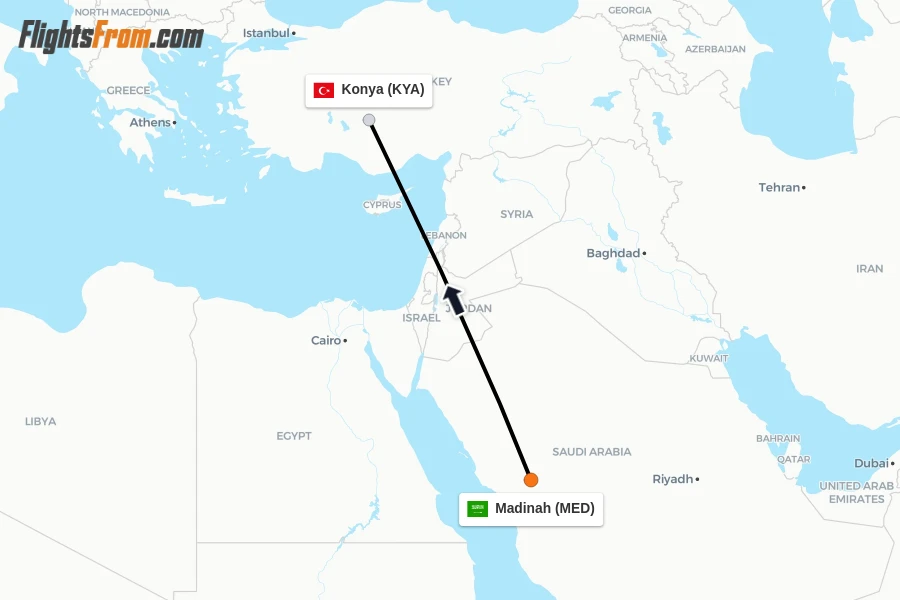 Flights from Madinah to Konya route map