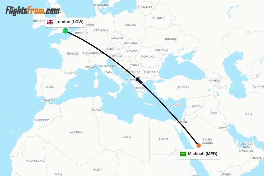 Flights from Madinah to London route map