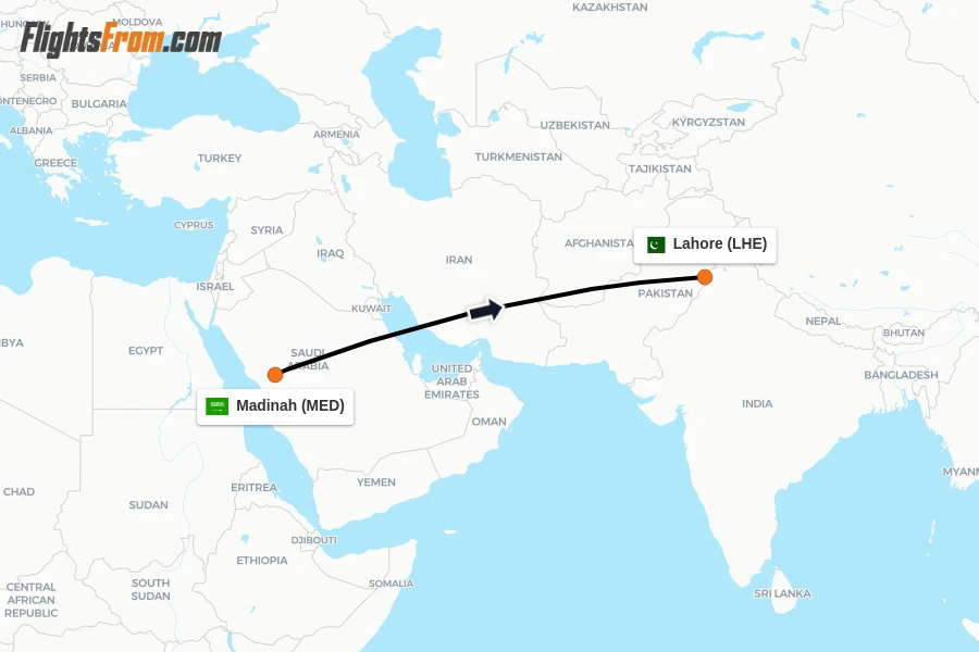 Flights from Madinah to Lahore route map