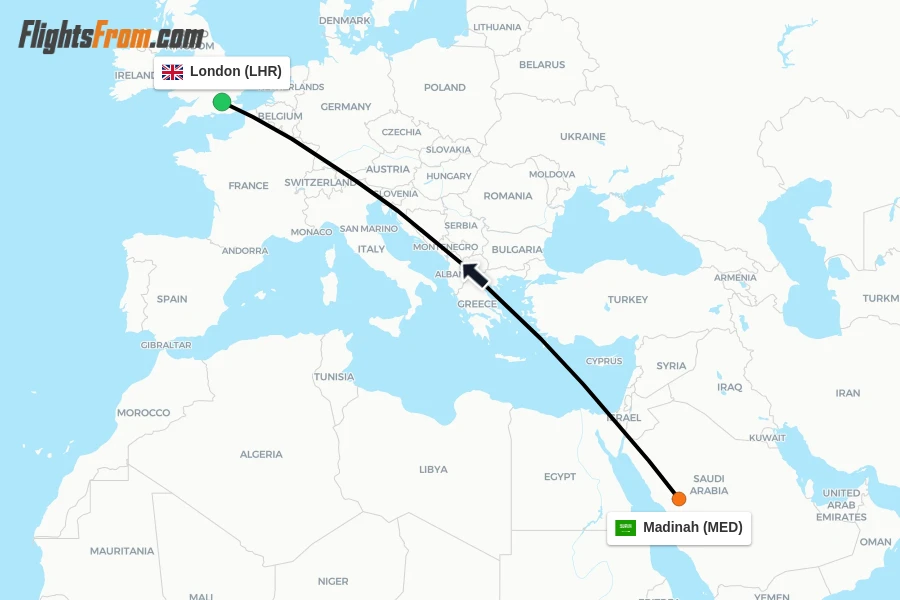 Flights from Madinah to London route map