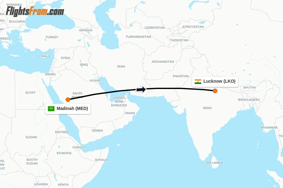 Flights from Madinah to Lucknow route map
