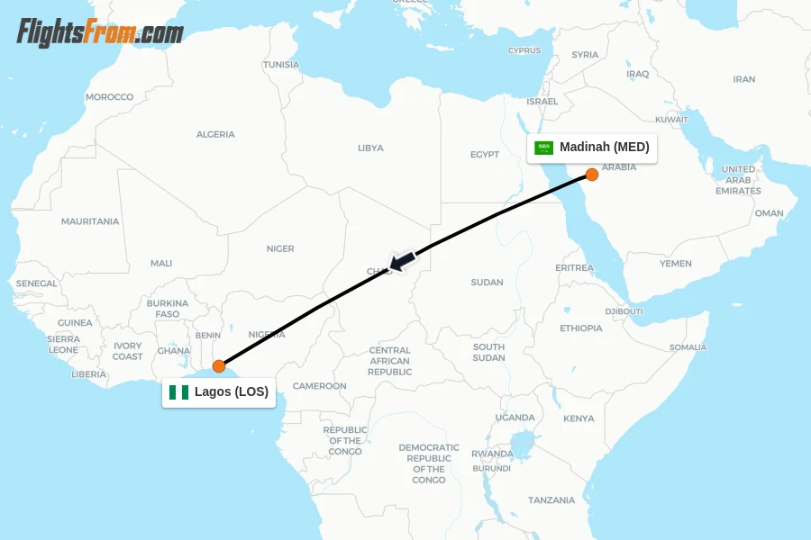 Flights from Madinah to Lagos route map