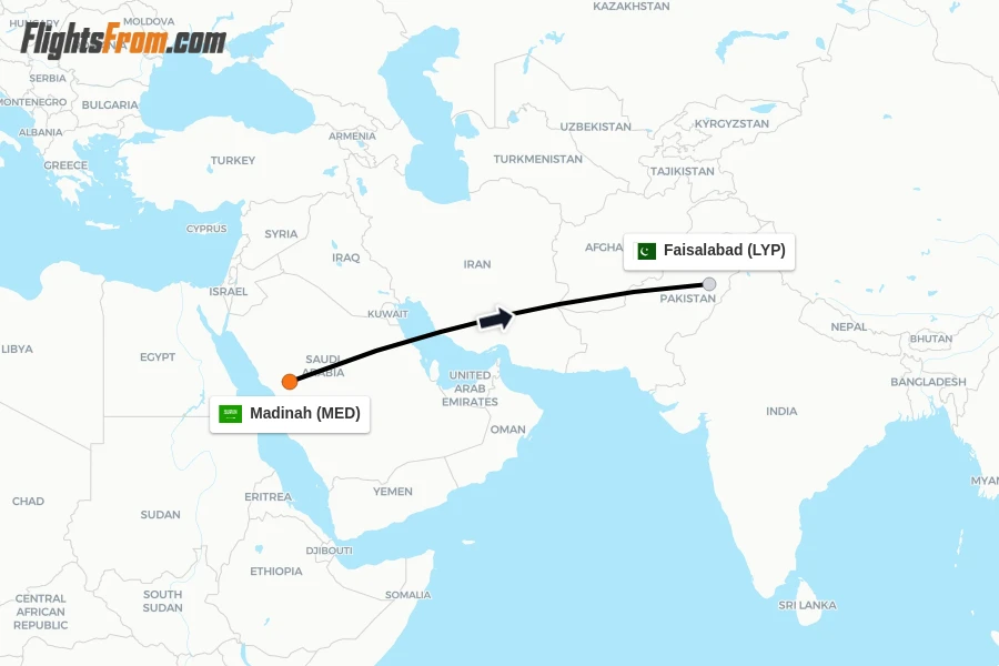 Flights from Madinah to Faisalabad route map
