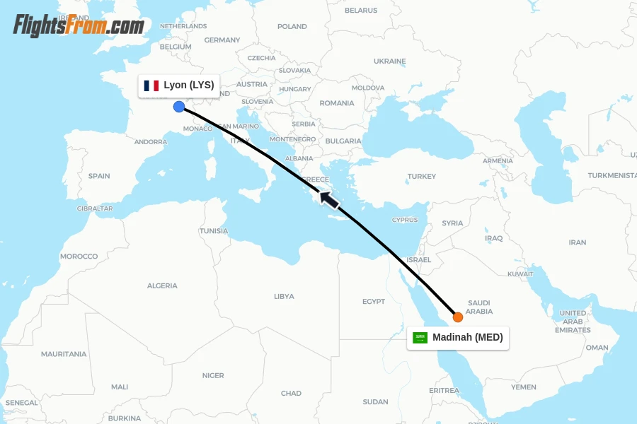 Flights from Madinah to Lyon route map