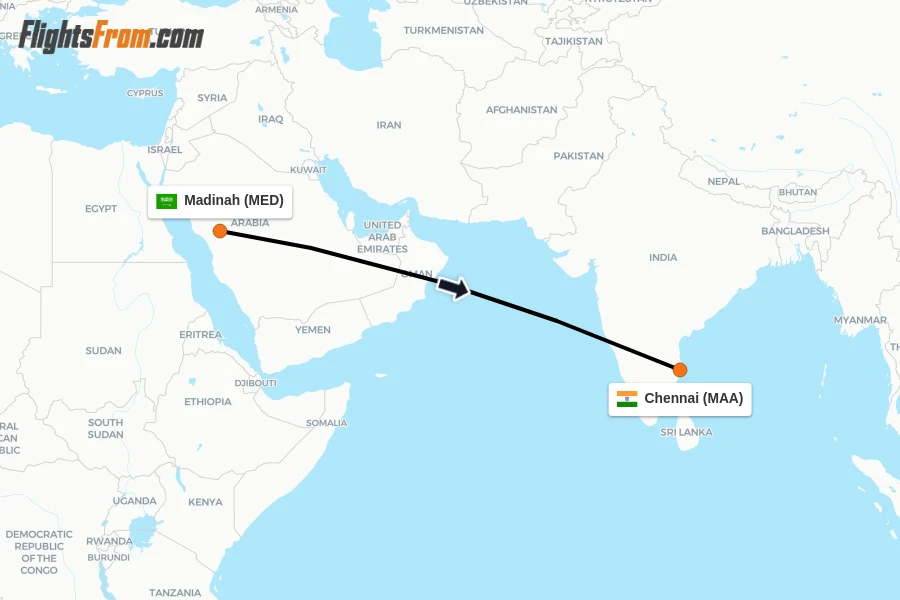 Flights from Madinah to Chennai route map