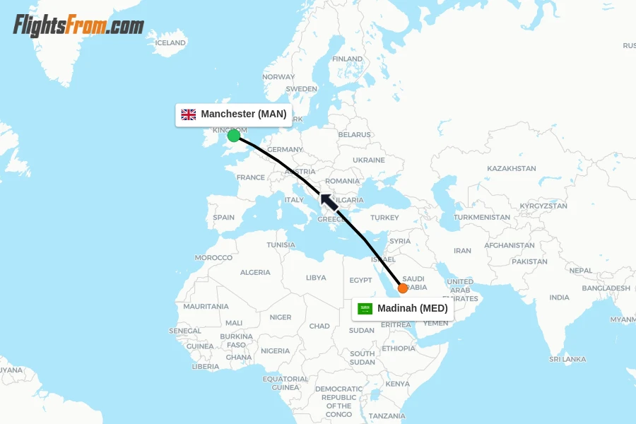 Flights from Madinah to Manchester route map