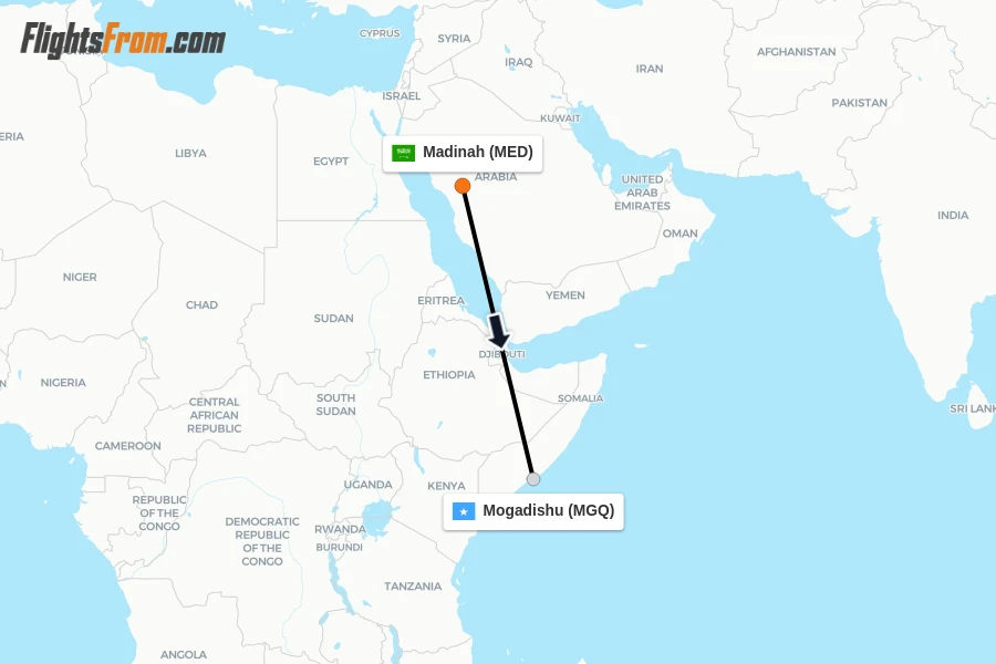 Flights from Madinah to Mogadishu route map