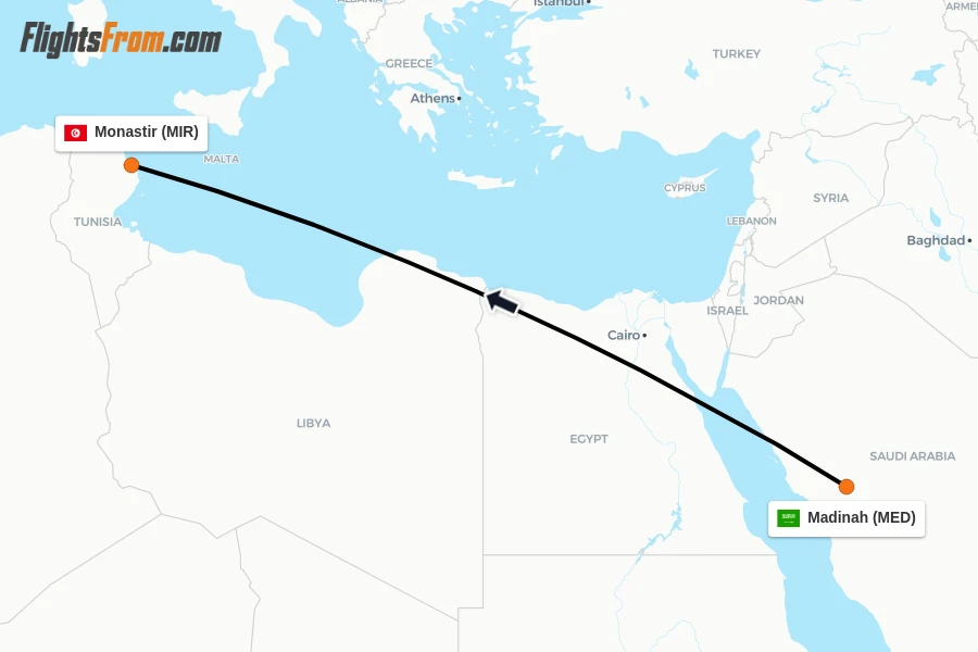Flights from Madinah to Monastir route map