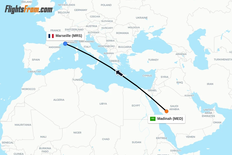 Flights from Madinah to Marseille route map