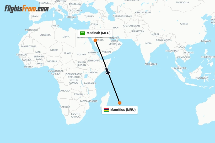 Flights from Madinah to Mauritius route map