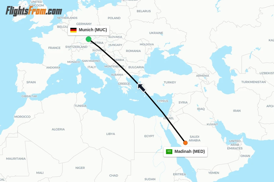 Flights from Madinah to Munich route map