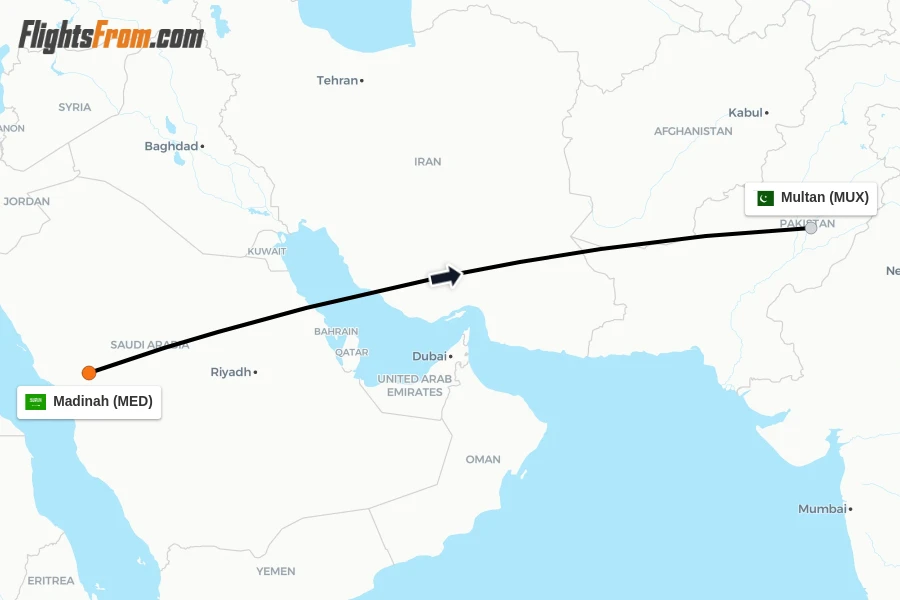 Flights from Madinah to Multan route map