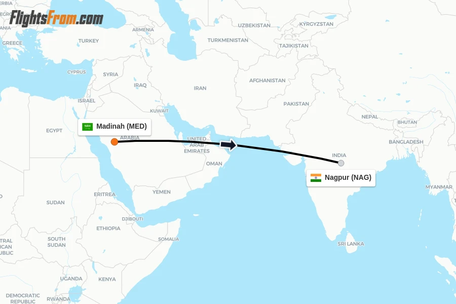Flights from Madinah to Nagpur route map