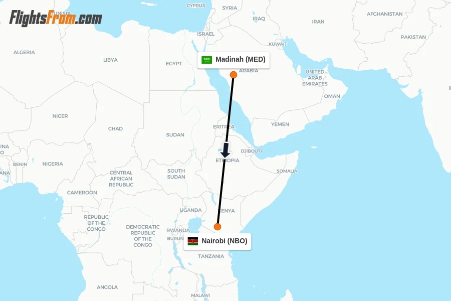 Flights from Madinah to Nairobi route map