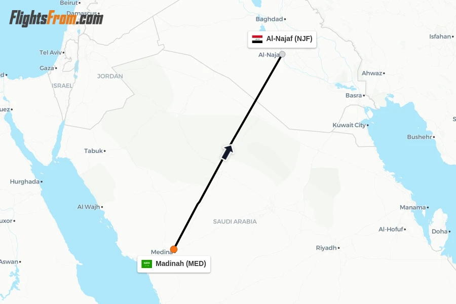 Flights from Madinah to Al-Najaf route map