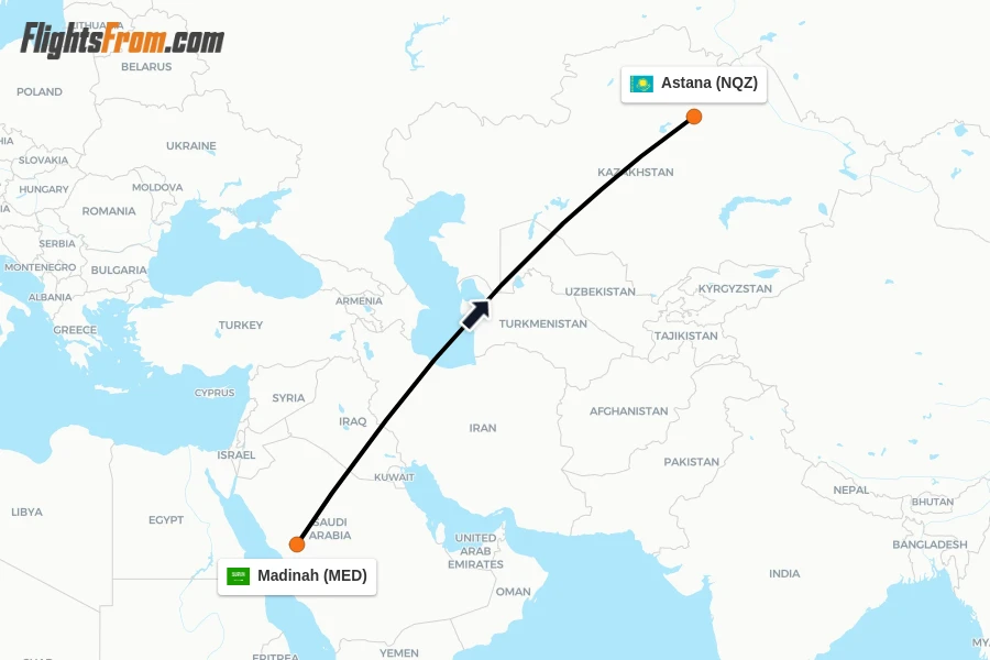 Flights from Madinah to Astana route map