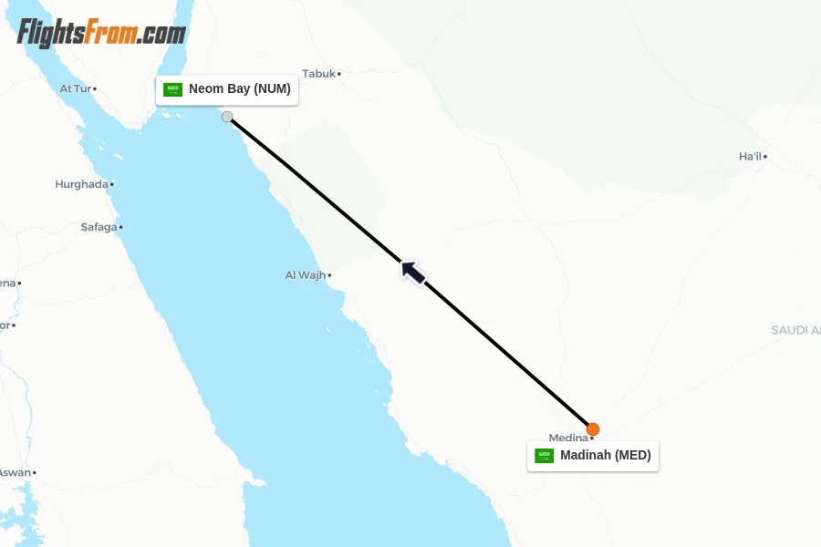 Flights from Madinah to Neom Bay route map
