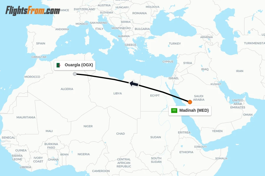 Flights from Madinah to Ouargla route map