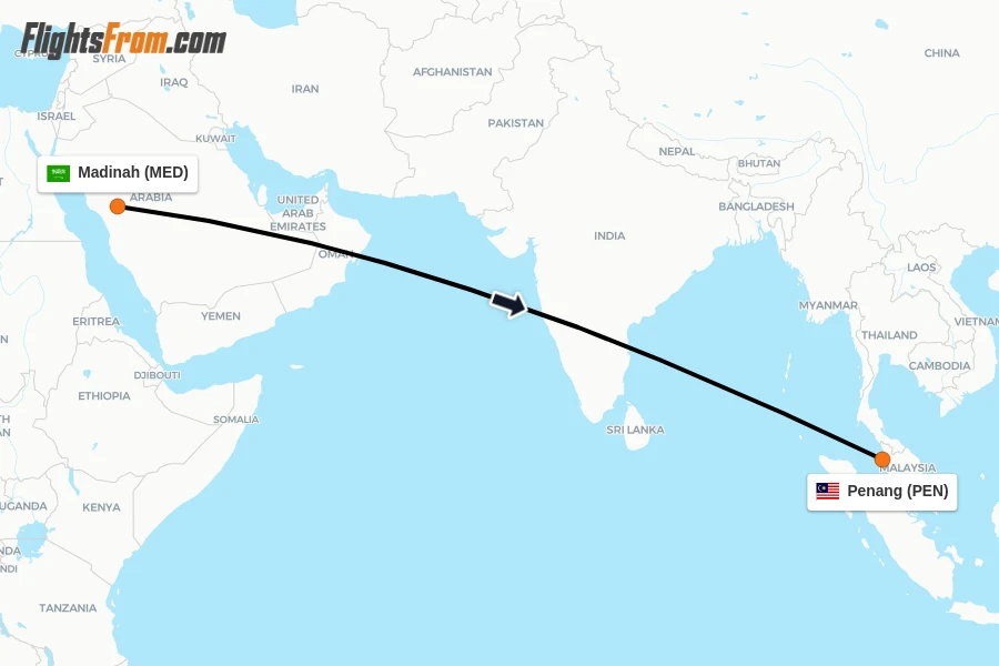 Flights from Madinah to Penang route map