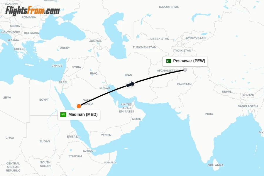 Flights from Madinah to Peshawar route map
