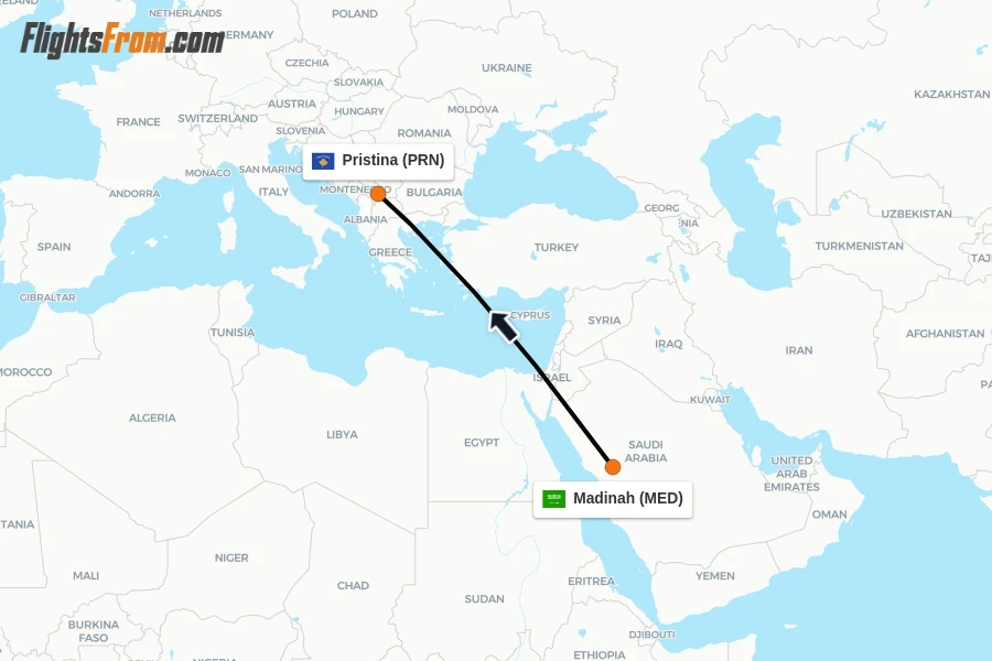 Flights from Madinah to Pristina route map