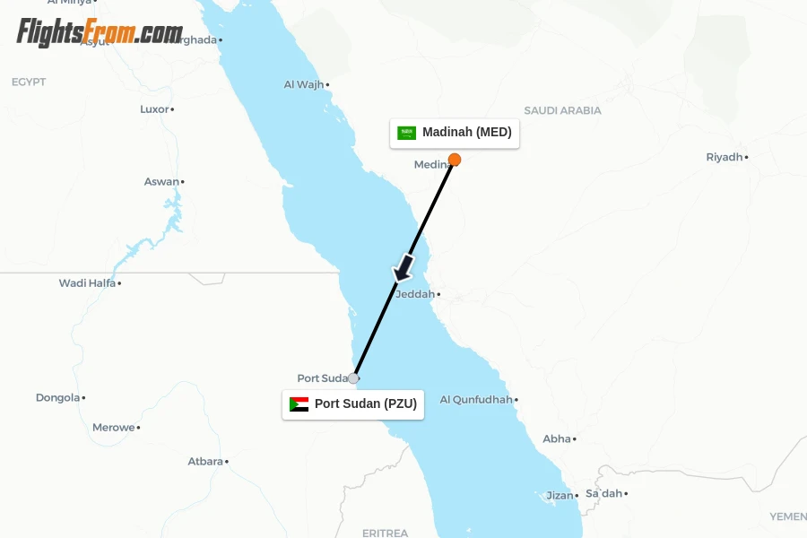 Flights from Madinah to Port Sudan route map