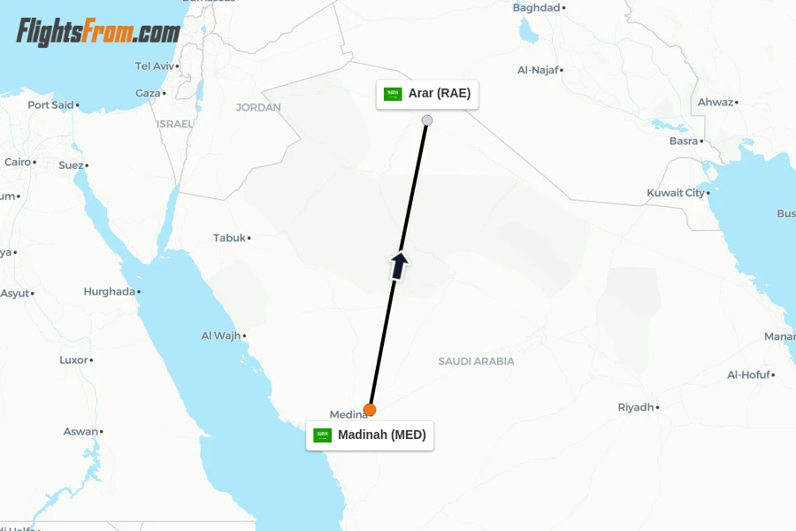 Flights from Madinah to Arar route map