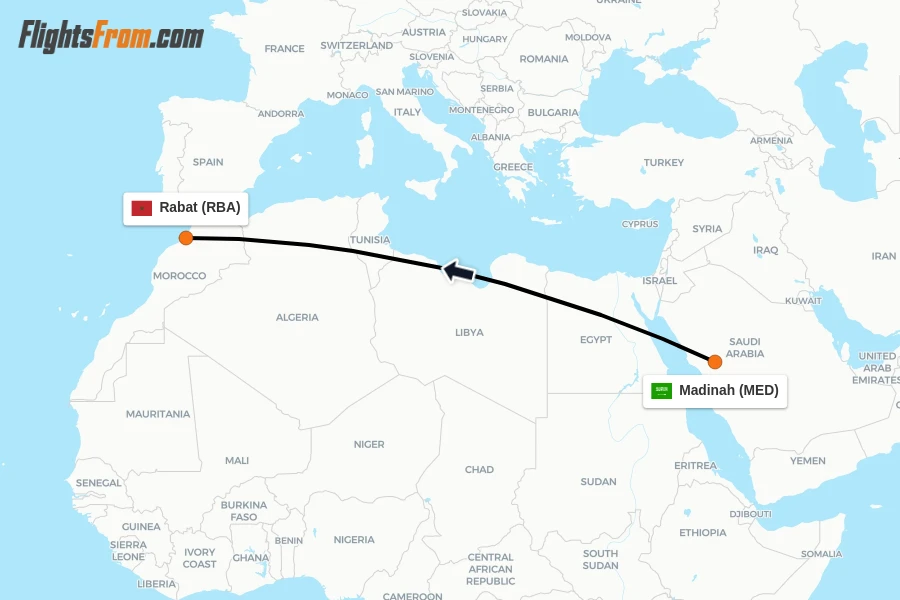 Flights from Madinah to Rabat route map