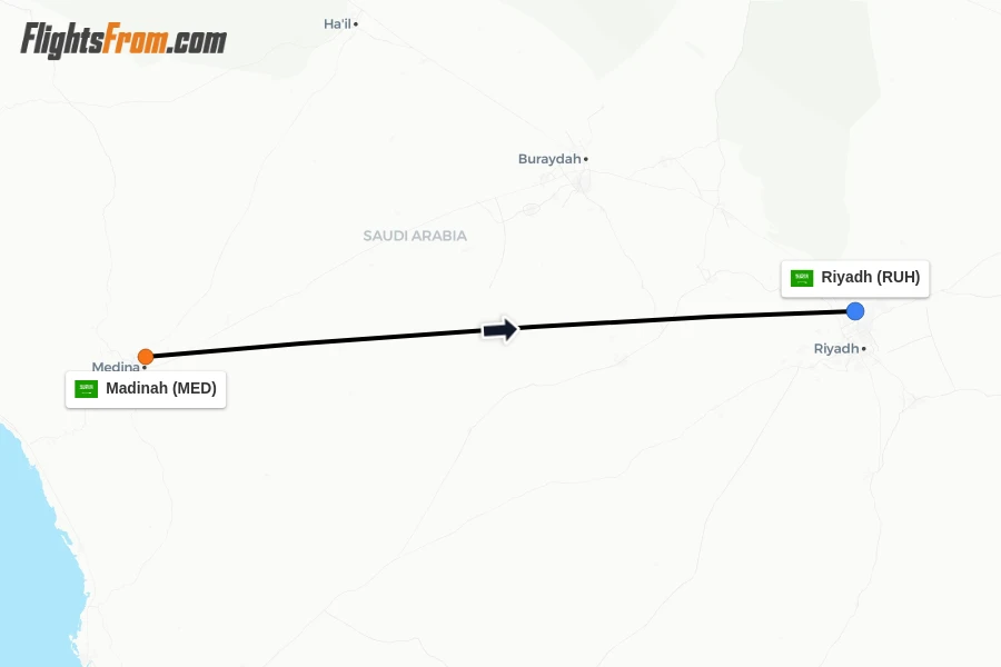 Flights from Madinah to Riyadh route map