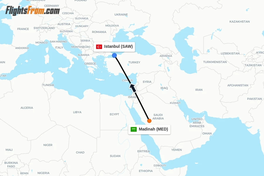 Flights from Madinah to Istanbul route map