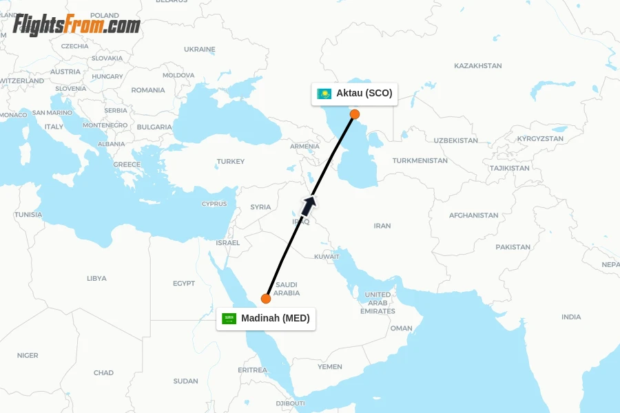 Flights from Madinah to Aktau route map