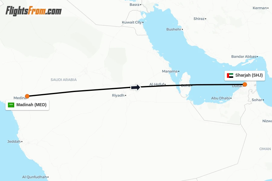 Flights from Madinah to Sharjah route map