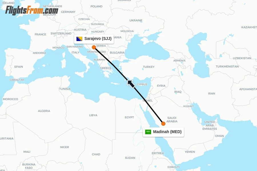 Flights from Madinah to Sarajevo route map