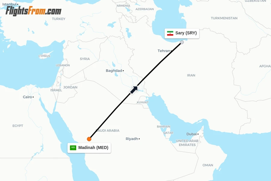 Flights from Madinah to Sary route map