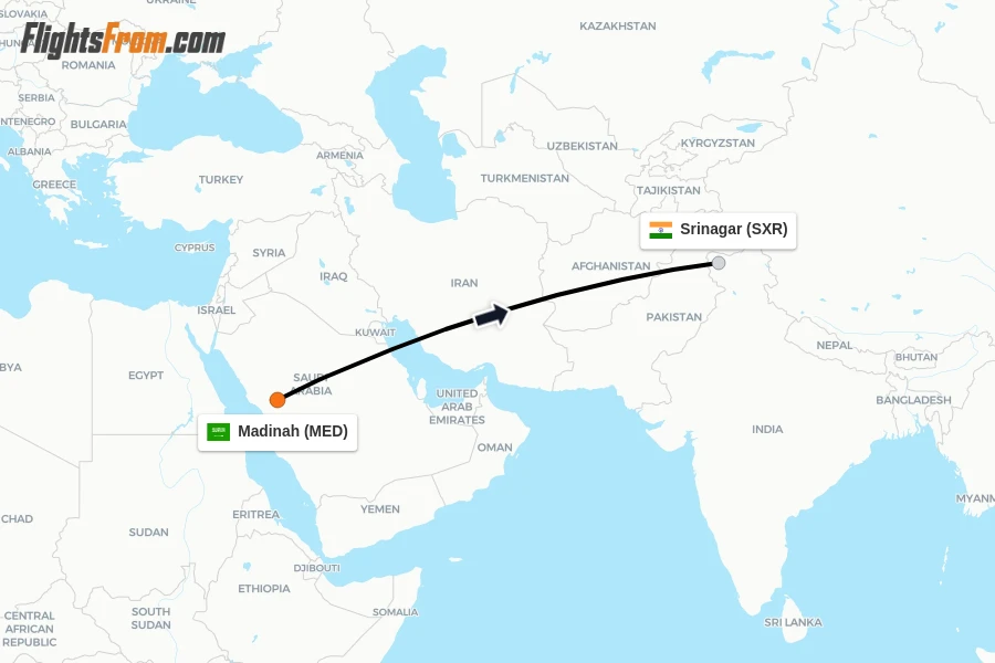 Flights from Madinah to Srinagar route map