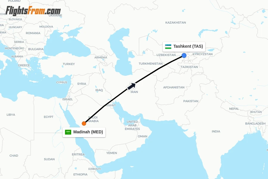 Flights from Madinah to Tashkent route map