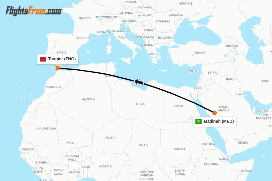 Flights from Madinah to Tangier route map