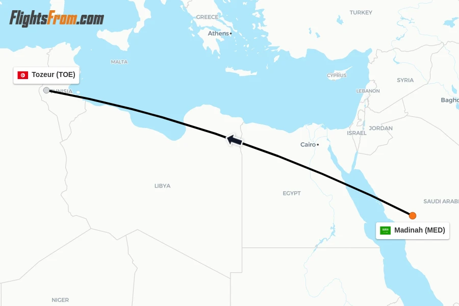 Flights from Madinah to Tozeur route map