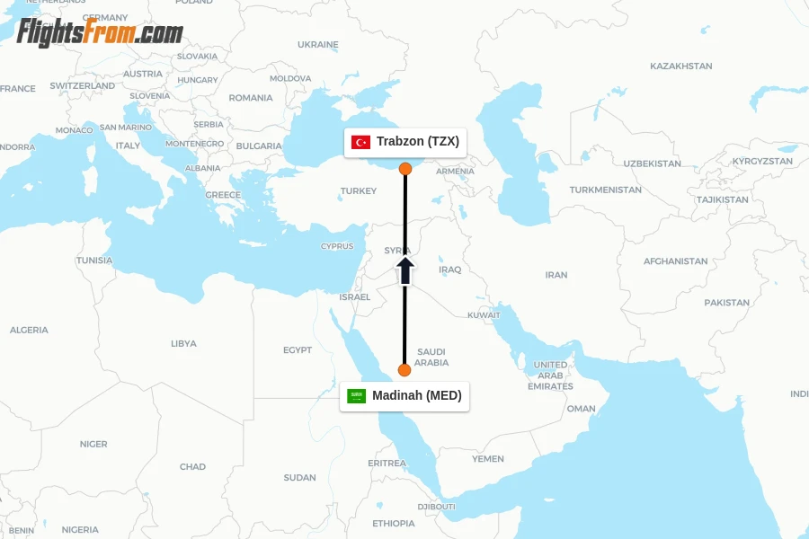 Flights from Madinah to Trabzon route map