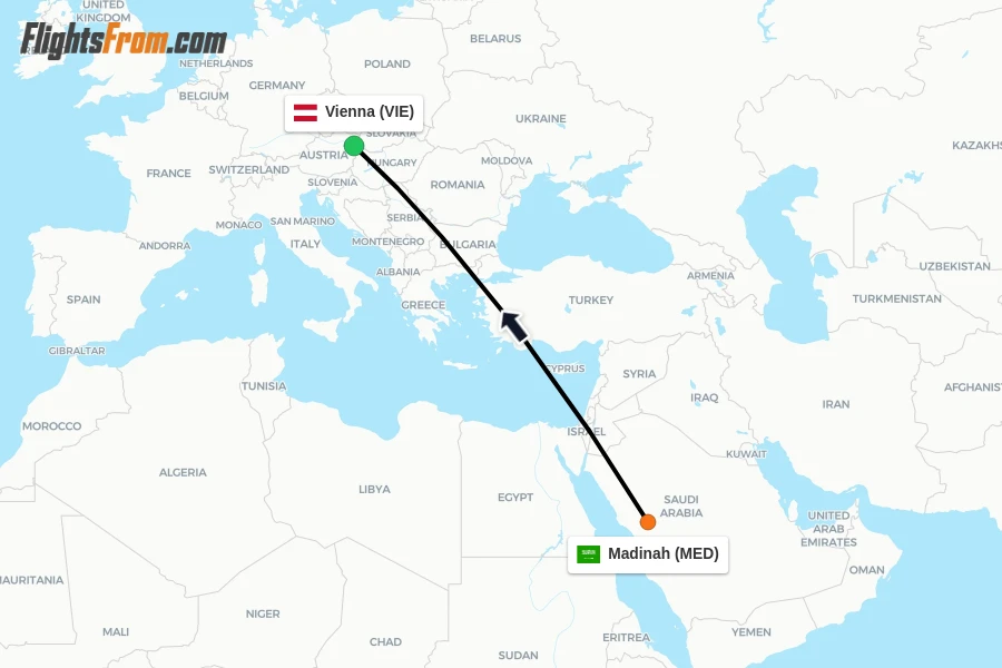 Flights from Madinah to Vienna route map