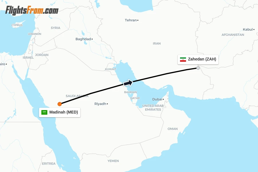 Flights from Madinah to Zahedan route map