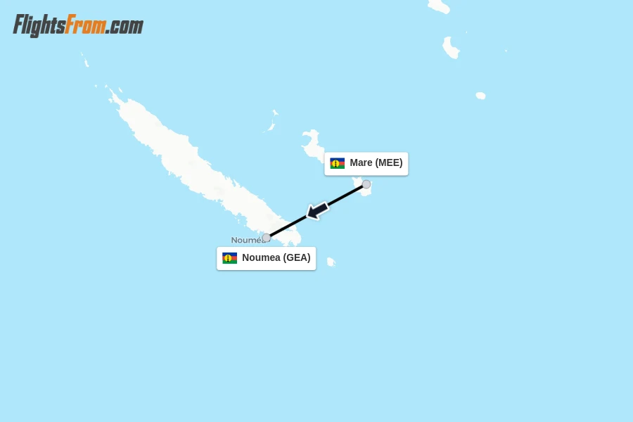 Flights from Mare to Noumea route map