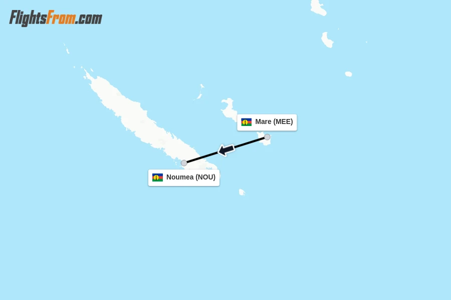 Flights from Mare to Noumea route map