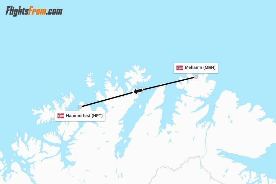 Flights from Mehamn to Hammerfest route map