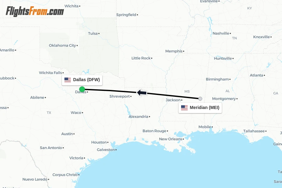 Flights from Meridian to Dallas route map